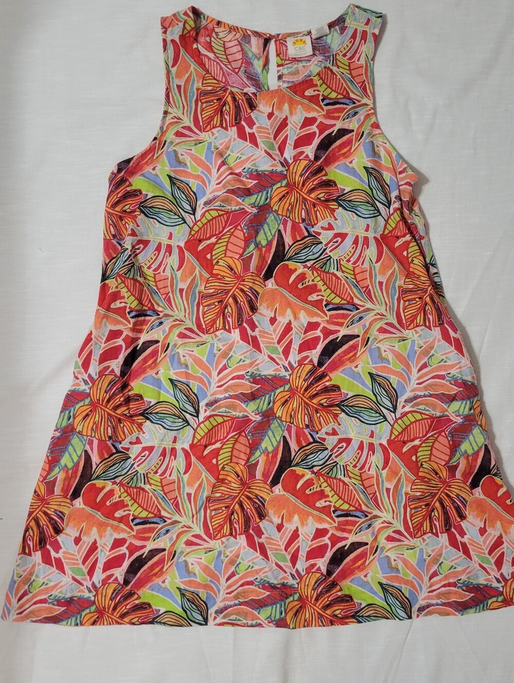 C&C California Red & Pink Tropical Leaf Midi Dress 100% Linen